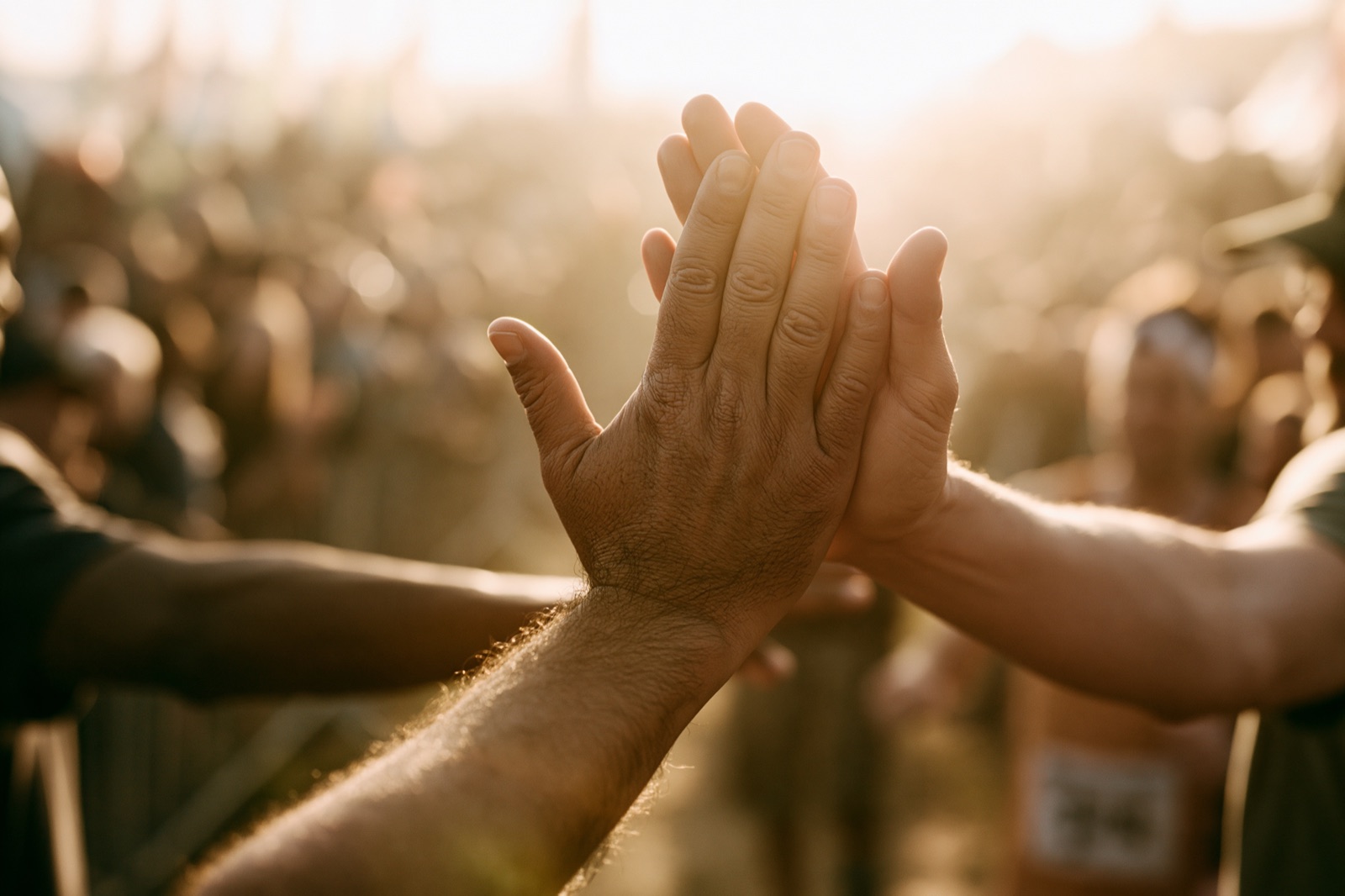 Two runners high-fiving at a sunlit finish line, a race crowd blurred behind them