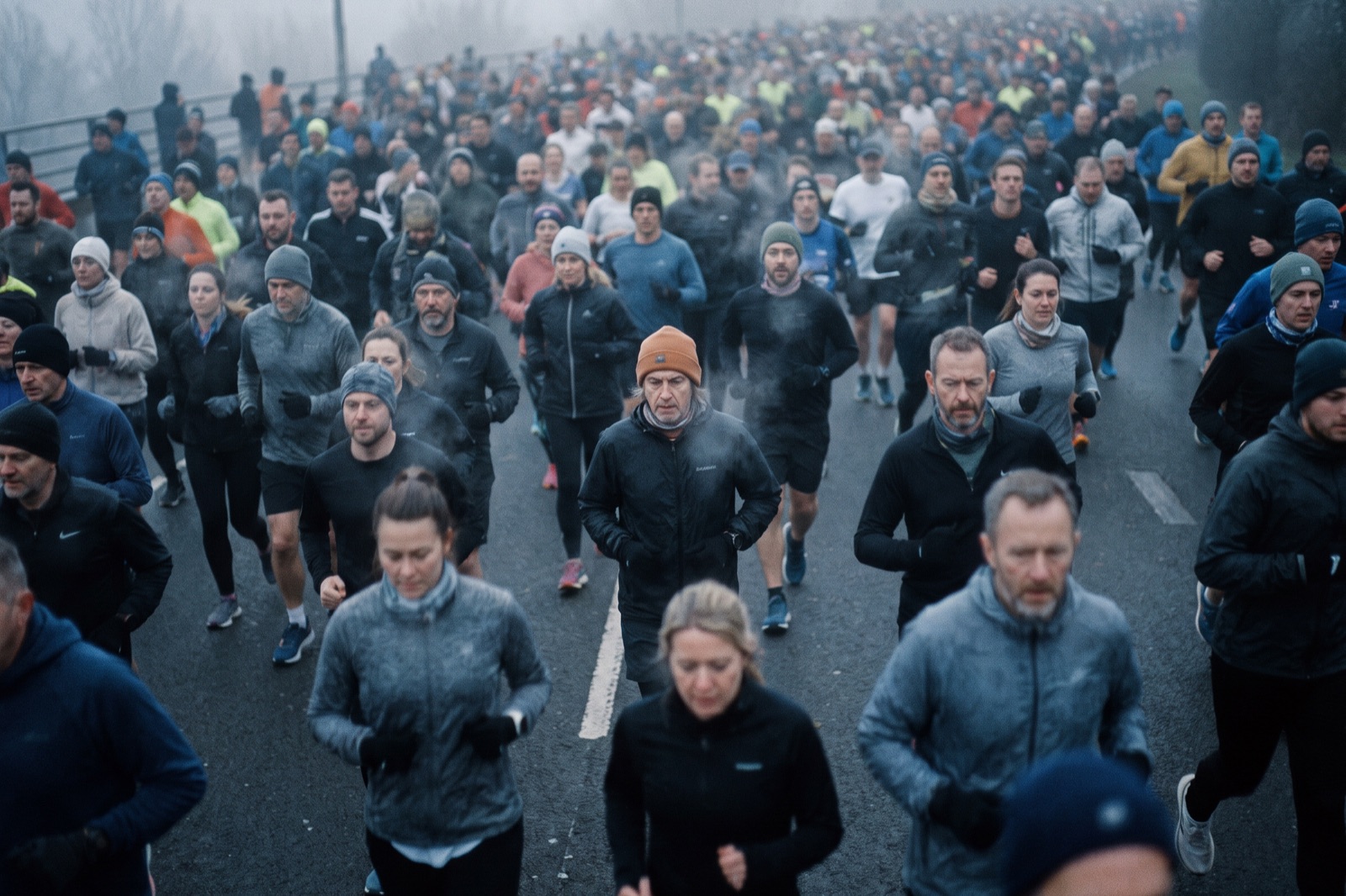 A large field of runners massed at the start of a misty winter road race
