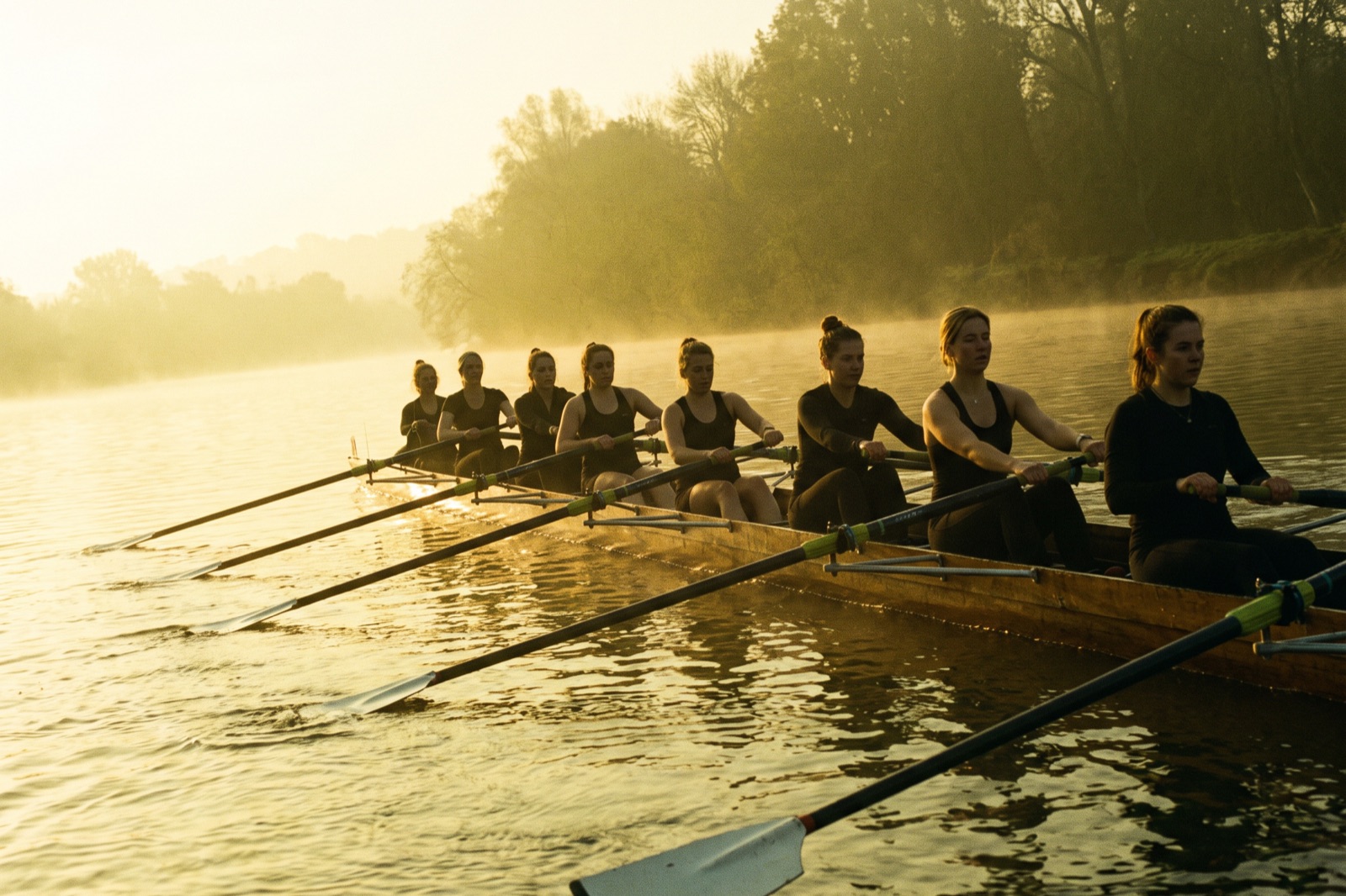 A rowing crew pulling together on still water at sunrise