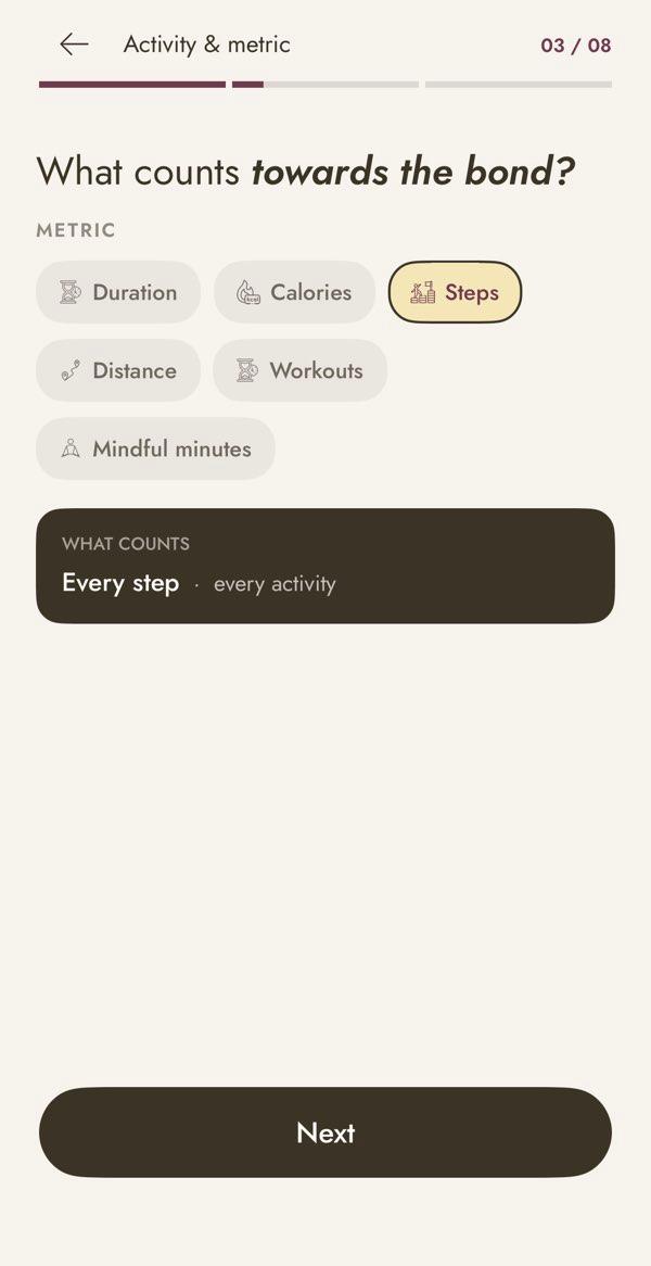 The real FitBond Activity and Metric screen with Steps selected for Apple Health, where every activity counts