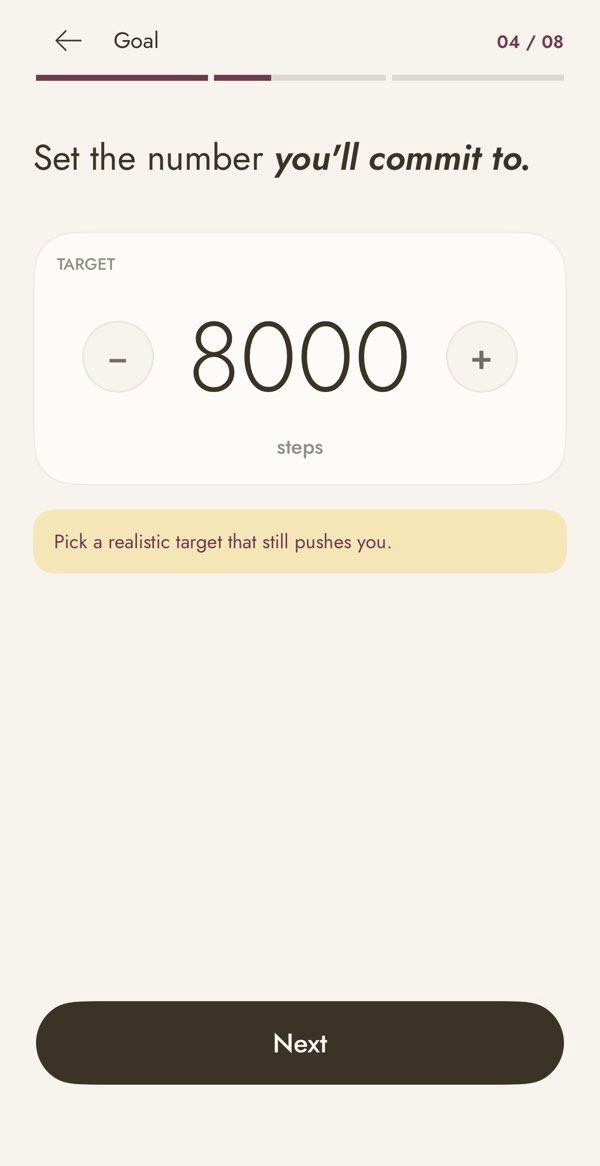 The real FitBond goal screen with an 8,000 step target for Apple Health