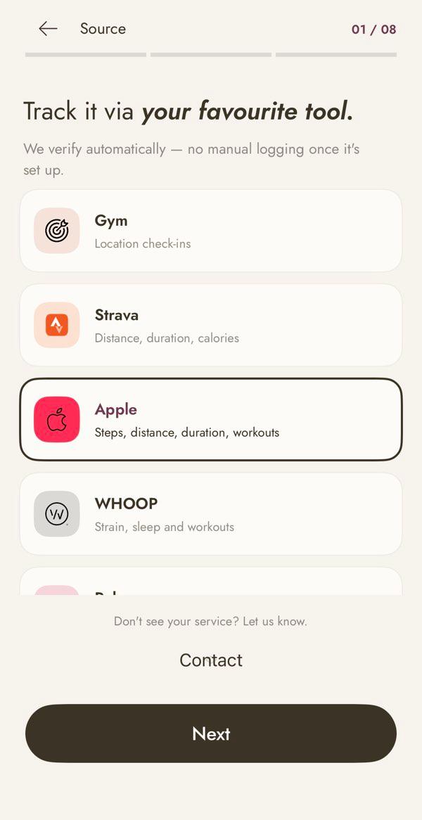 The real FitBond source screen with Apple selected
