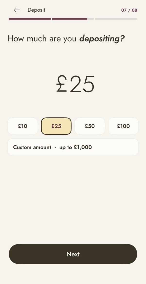 The real FitBond deposit screen with £25 selected