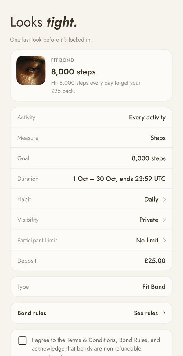 The real FitBond Review screen for an 8,000 steps a day Fit Bond, counting every activity, with a daily habit, a 30-day period and a £25 deposit