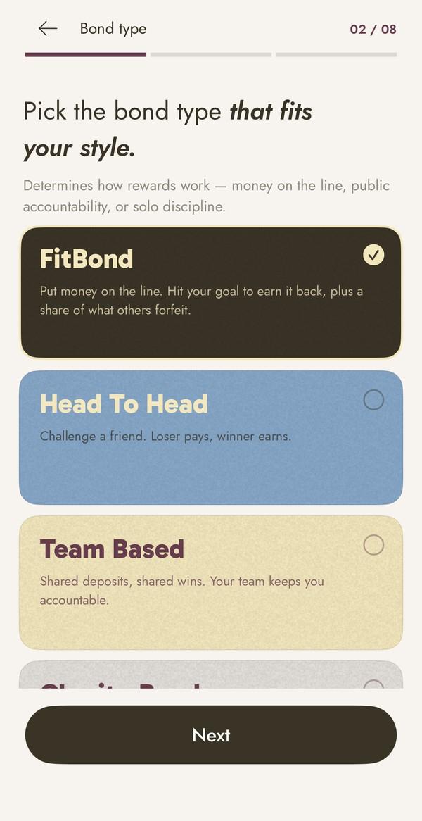 The real FitBond type screen with Fit Bond selected