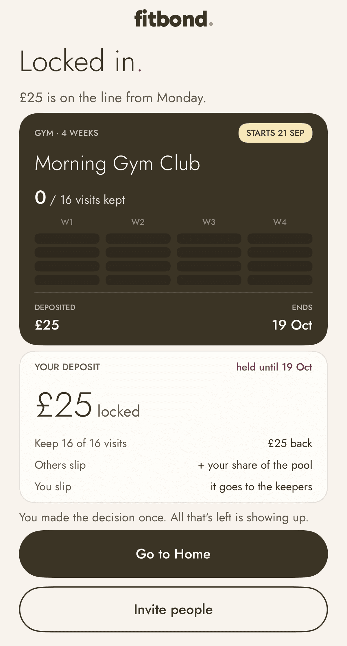 The FitBond Locked in screen: £25 is on the line from Monday for Morning Gym Club; your deposit £25 locked, held until 19 Oct; Go to Home and Invite people buttons
