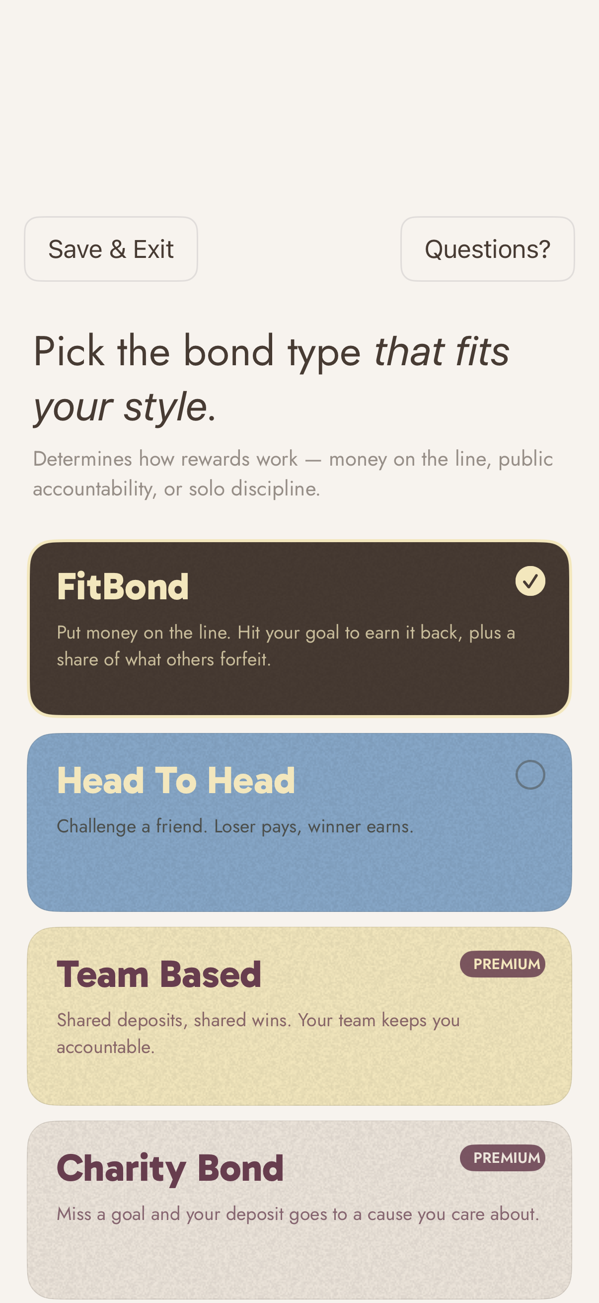 The FitBond screen for picking a Bond type, showing FitBond, Head To Head and Team Based options