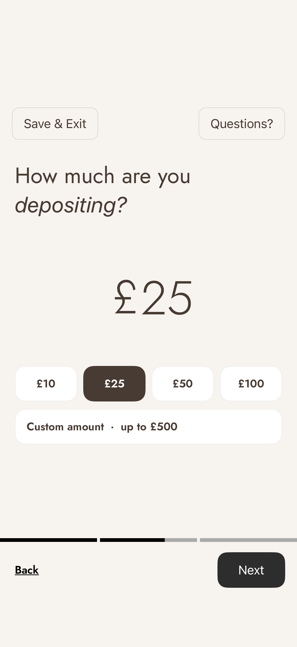 The FitBond deposit screen showing preset amounts with £25 selected and a custom amount option up to £500