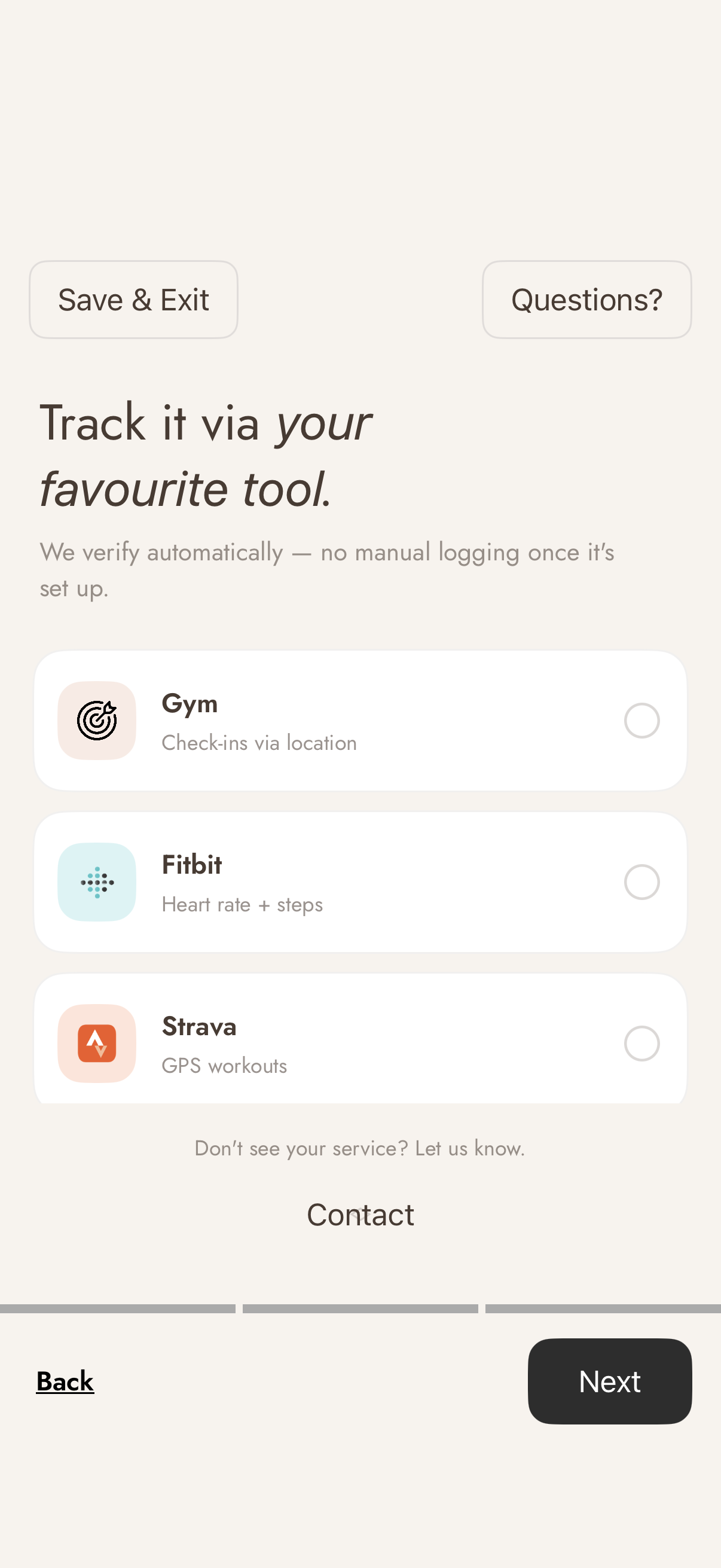 The FitBond screen for choosing a tracking source, listing gym check-ins, Fitbit and Strava